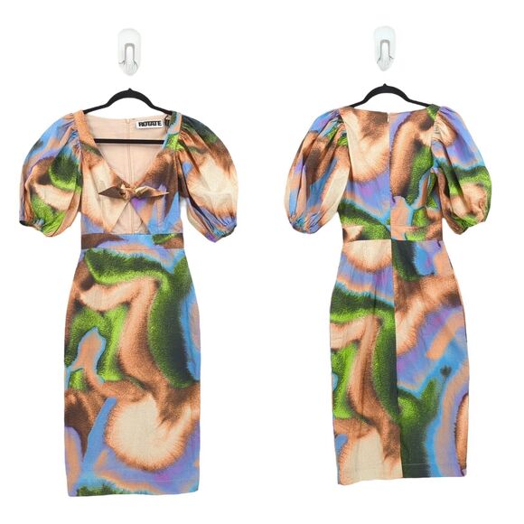 Rotate Women 0 Cara Dress Dusty Orange Watercolor Cutout Puff Sleeve Cotton Midi - Picture 1 of 9